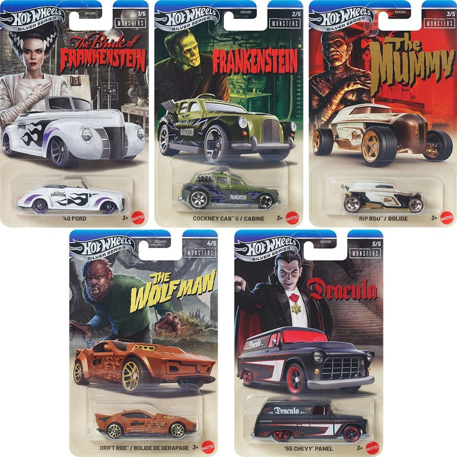 Hot Wheels Silver Series Universal Monsters 2026 – alle fünf Karten 1/5 bis 5/5